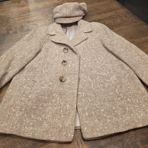 Vintage Boys Wool Tan Tweed Button Blazer Jacket Matching Cap Made In NYC